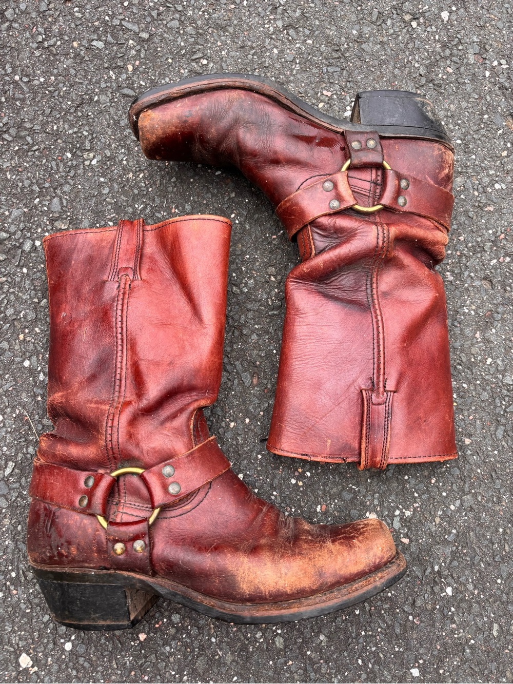 Frye Distressed Red-Brown Leather Harness Boots